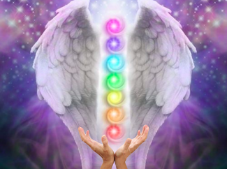 Angel Wings with Chakra Symbols and Healing Hands